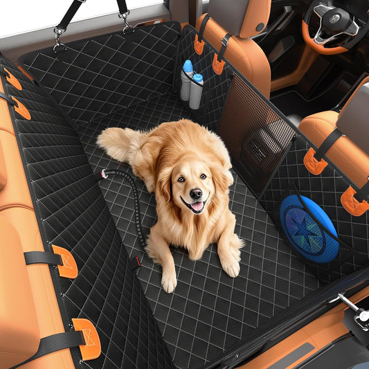 Dog Car Seat Cover for Back Seat-2025 Upgraded 100% Waterproof and Scratch Resistant Rear Seat Hard Bottom Extension - Dog Car Seat Holds up to 400 Lb Pet for Cars, Trucks and Suvs (Black and Orange)